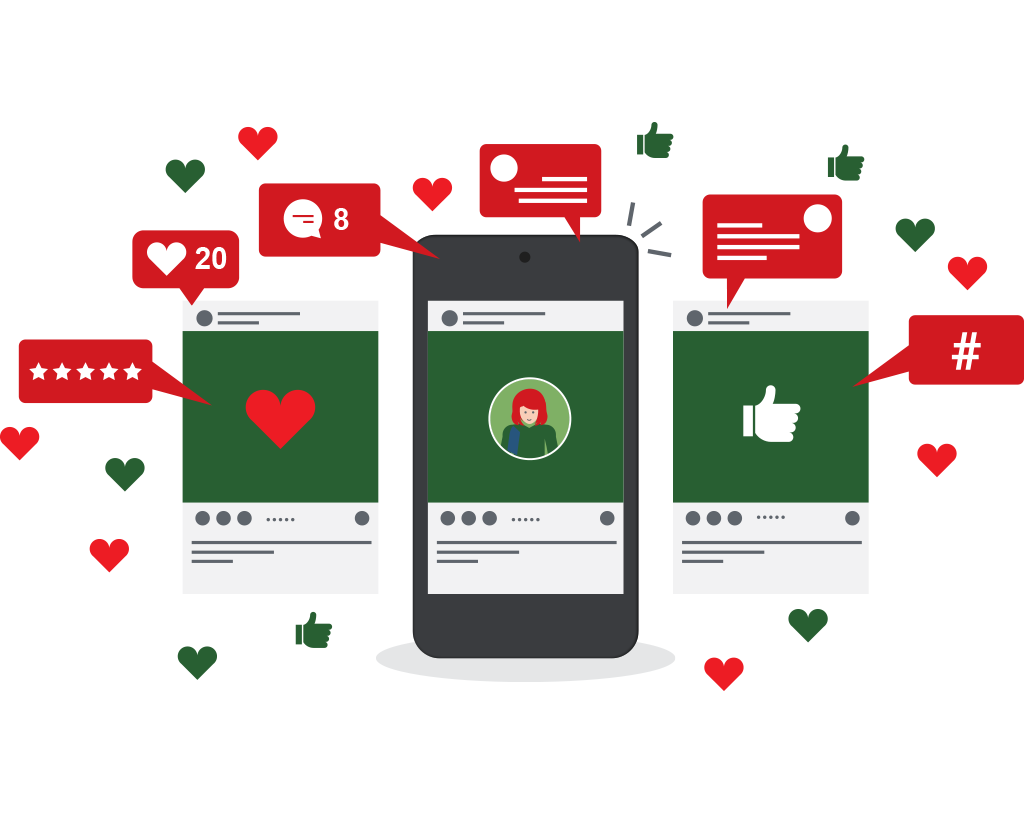 Grafik mit drei Smartphones nebeneinander, die jeweils einen Beitrag zeigen. Um die Smartphones sind Grafiken von Kommentaren, Textnachrichten und Likes verteilt sind.