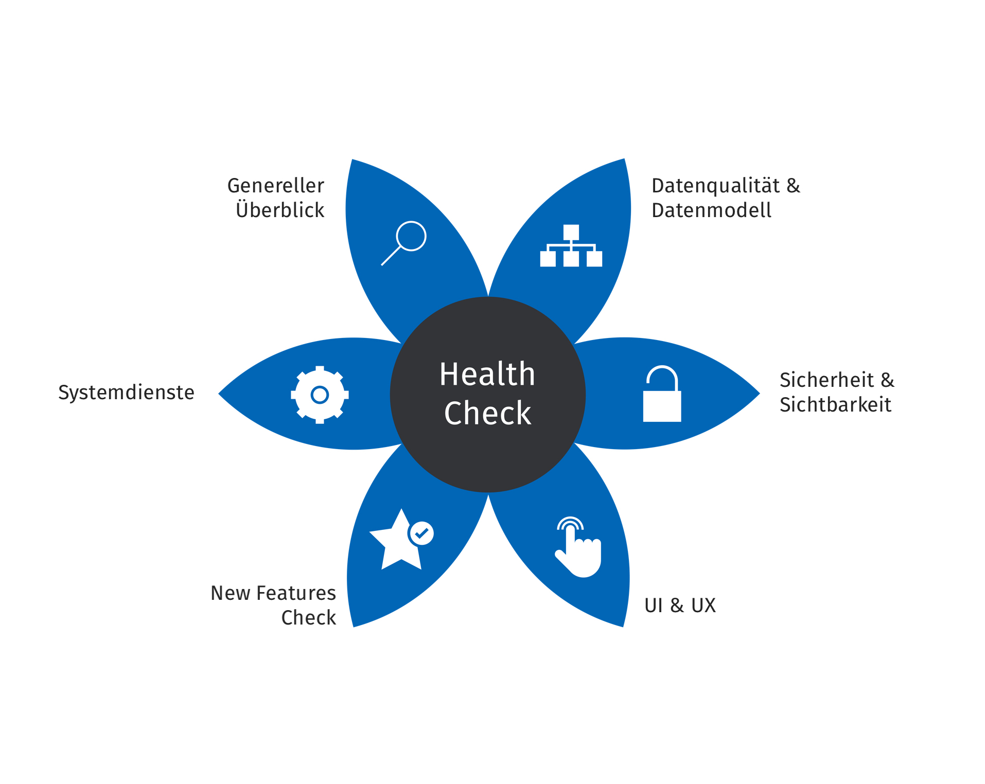 Salesforce Health Check Salesforce Sales & Service Cloud | Darstellung der Analysebereiche des Salesforce Health Check: Genereller Überblick, Datenqualität und Datenmodell, Sicherheit und Sichtbarkeit, UI und UX, New Features Check und Systemdienste