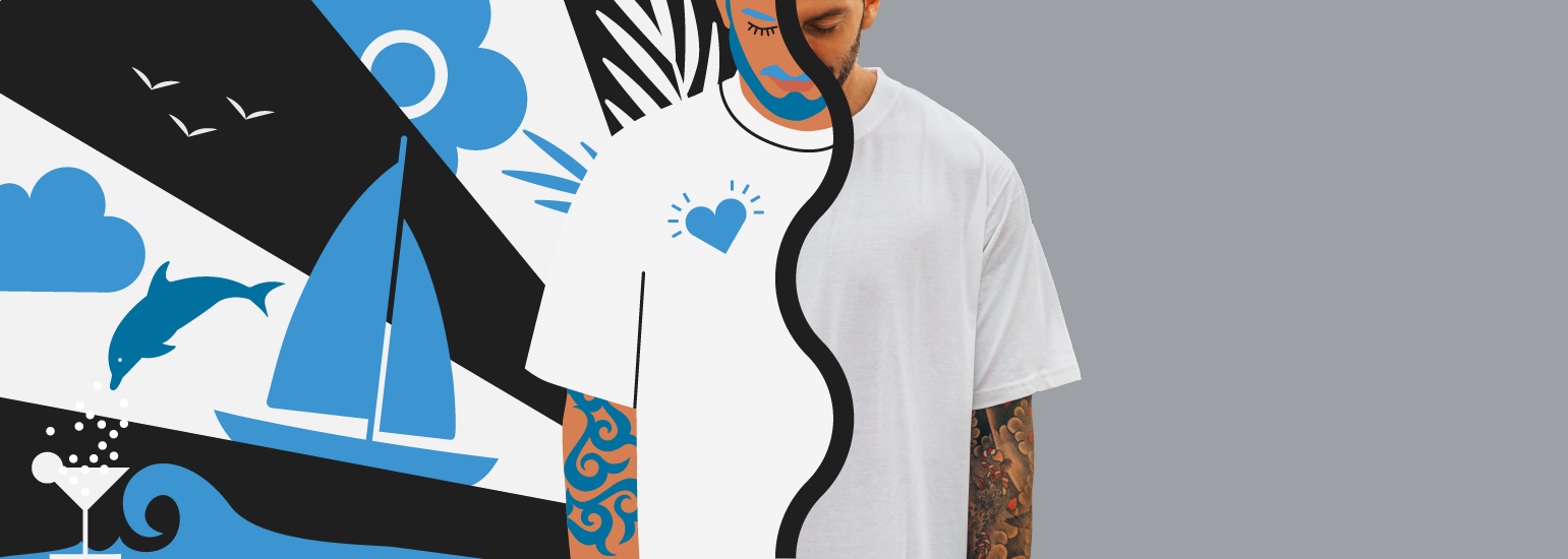 Zweigeteiltes Bild. Auf der rechten Seite Abbildung eines Mannes,vor grauem Hintergrund, in einem weißen T-Shirt, zwischen Hals und Hüfte abgebildet. Auf der linken Seite wird der Mann illustrativ dargestellt und der Hintergrund ist mit Illustrationen verziert.